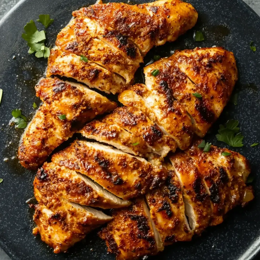 Sliced grilled chicken breasts are arranged on a dark plate, garnished with fresh herbs.