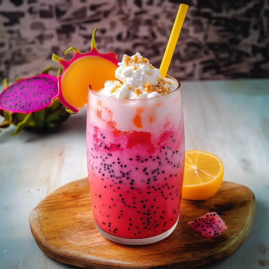 A colorful layered beverage topped with whipped cream, served with fruit garnishes, including dragon fruit and lemon slices.