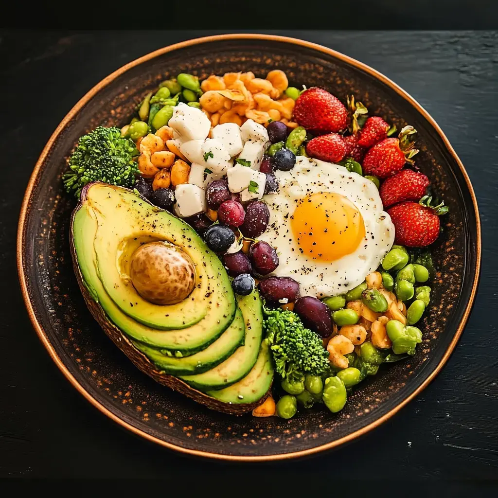 A colorful plate of healthy food featuring sliced avocado, a fried egg, various vegetables like broccoli and edamame, and a mix of fruits including strawberries and blueberries.