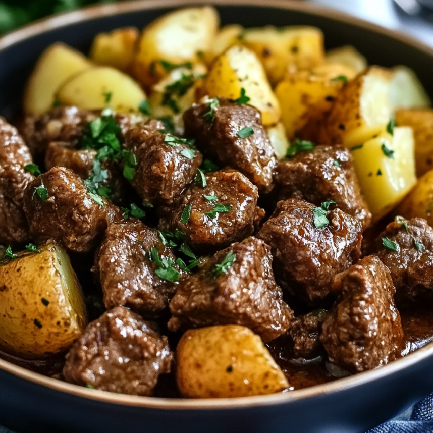 Slow Cooker Garlic Butter Beef Bites & Potatoe