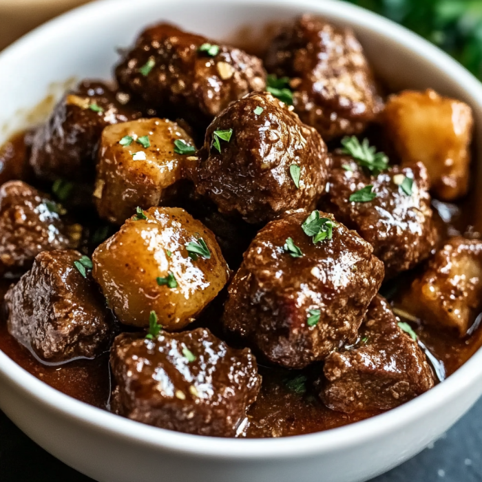 Slow Cooker Garlic Butter Beef Bites & Potatoe