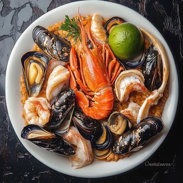 A vibrant plate of assorted seafood, including shrimp, mussels, and a lobster, garnished with a lime and parsley, served on a bed of rice.