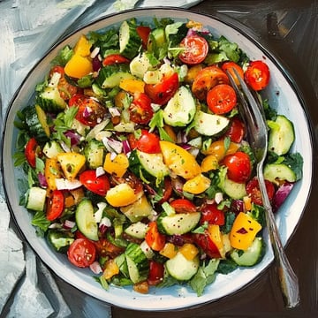 A colorful salad featuring diced cucumbers, cherry tomatoes, yellow peppers, and mixed greens, garnished with herbs and red onion.