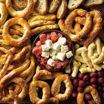 A variety of pretzels surround a bowl of diced watermelon topped with feta cheese and pepper, along with strawberries scattered around the platter.